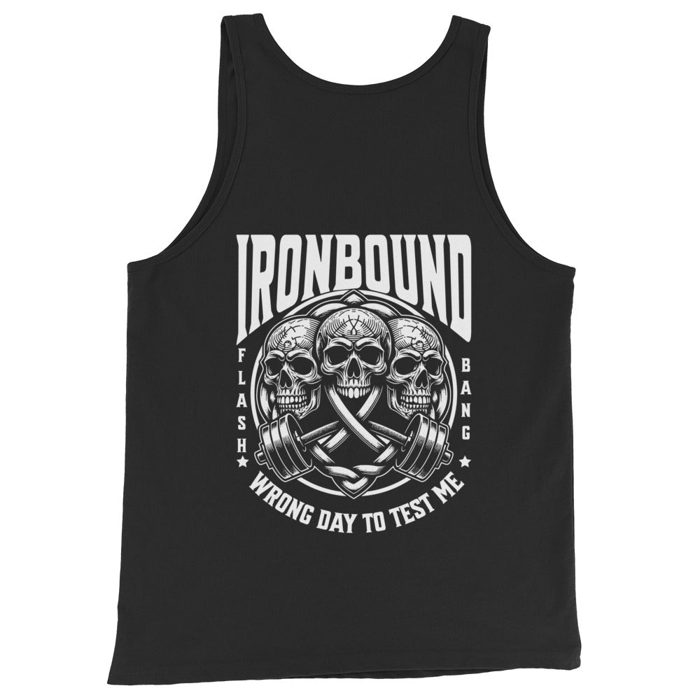 Black tank top with skull and barbell design and 'IRONBOUND' text on a white background