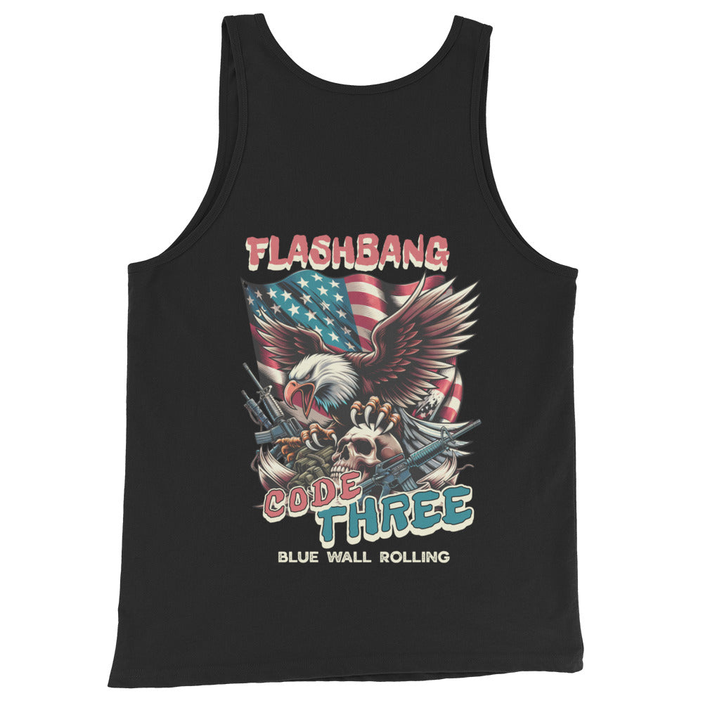 Black tank top with graphic design featuring an eagle, American flag, and text on a white background