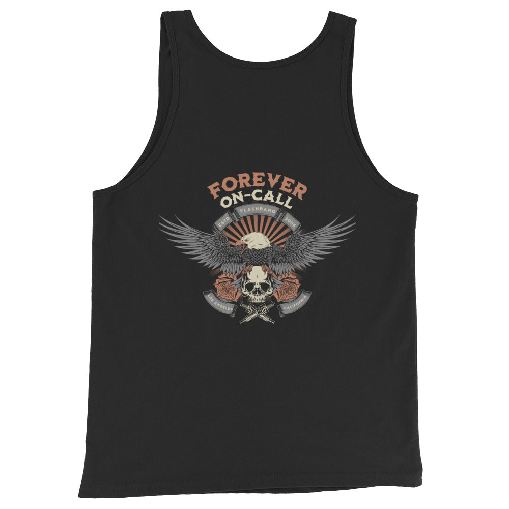 Black tank top with an eagle and skull design and 'Forever On-Call' text on a white background