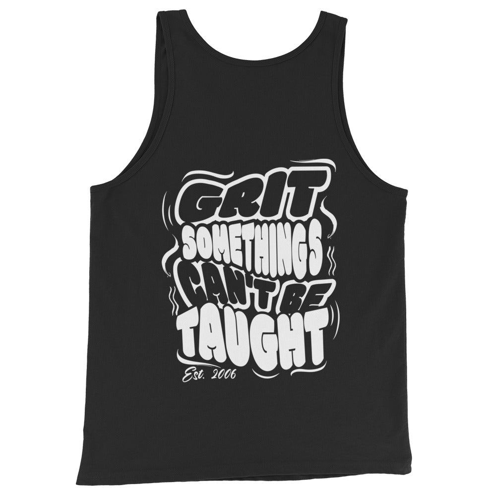 Black tank top with white text on a white background