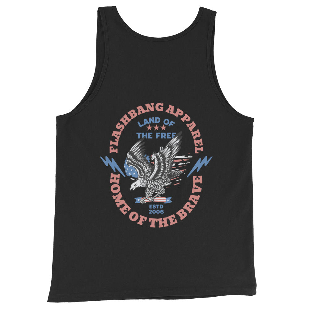 Black tank top with patriotic design and text on a white background
