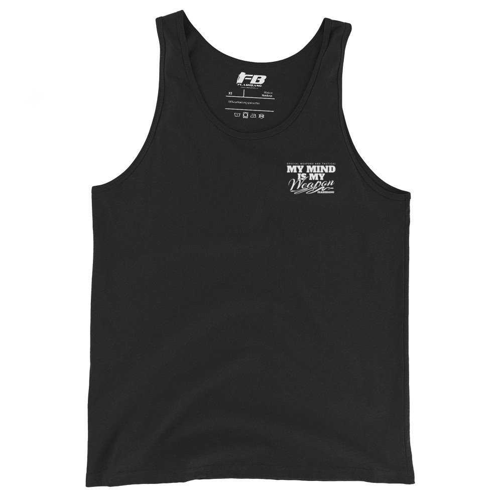 Black tank top with white text on a white background