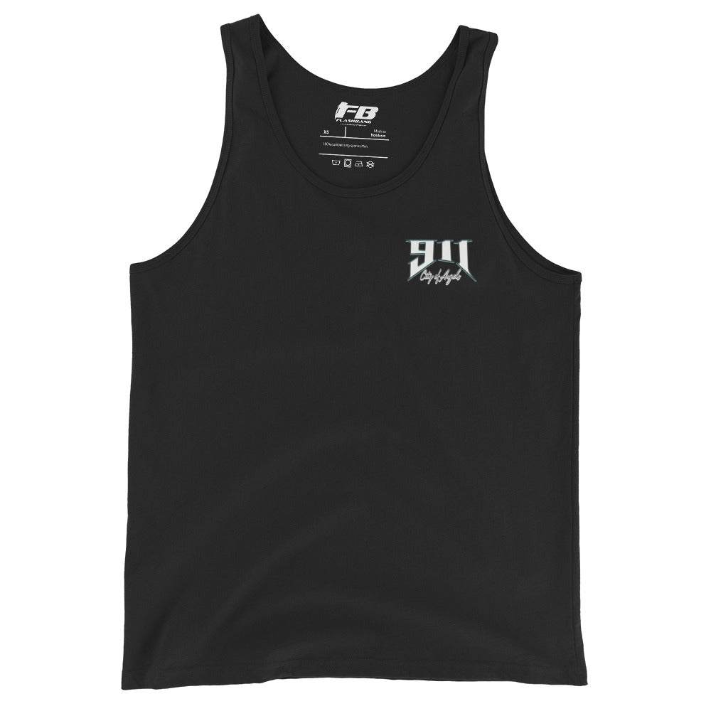 Black tank top with a logo on a white background