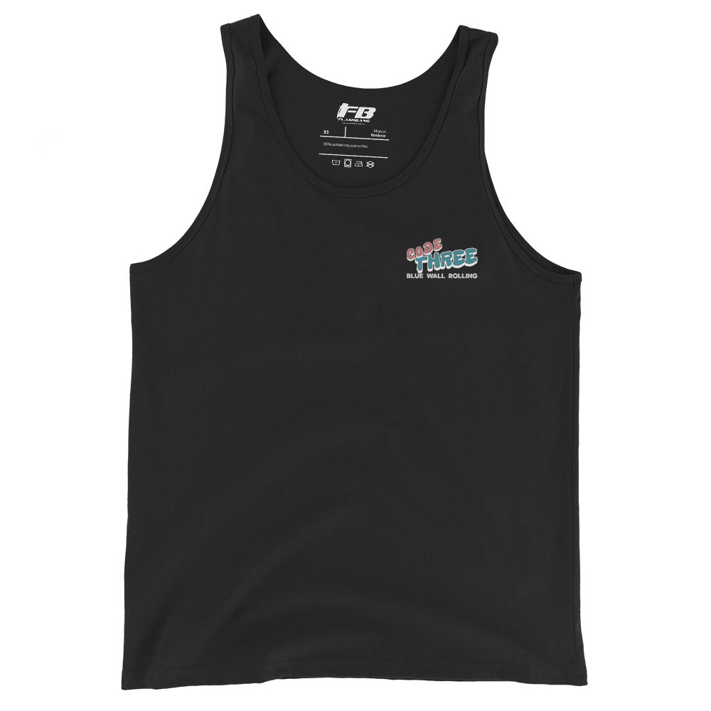 Black tank top with a logo on a white background