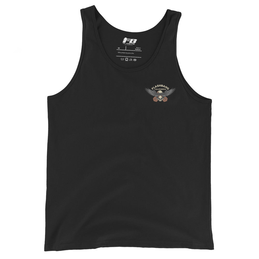 Black tank top with a logo on the chest against a white background