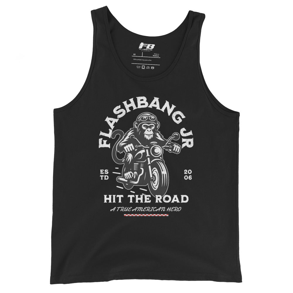 Black tank top with graphic design and text on a white background
