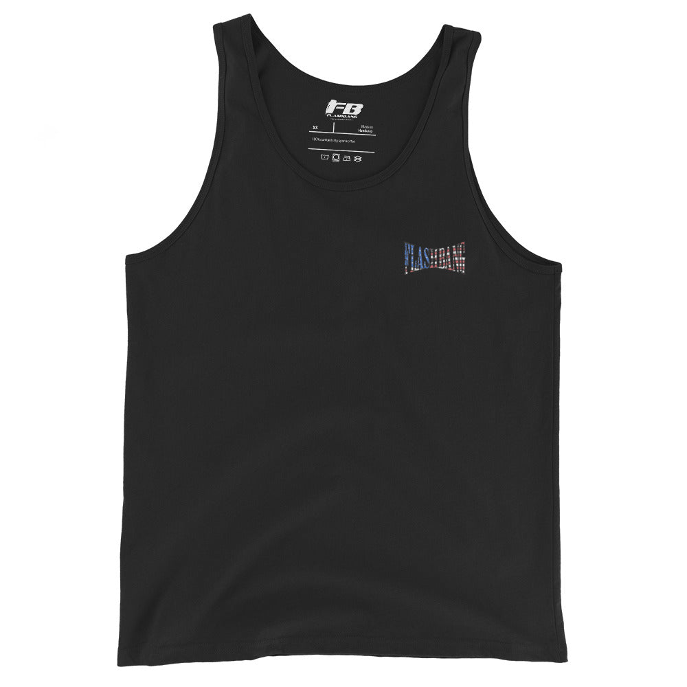 Black tank top with a logo on a white background