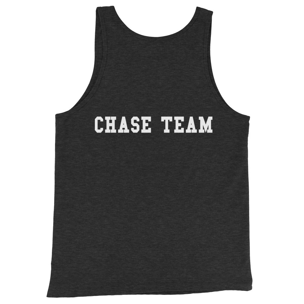 Black tank top with 'CHASE TEAM' text on a white background