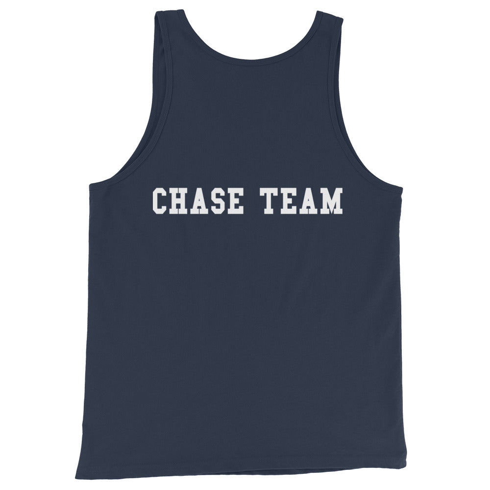 Navy tank top with 'CHASE TEAM' text on a white background