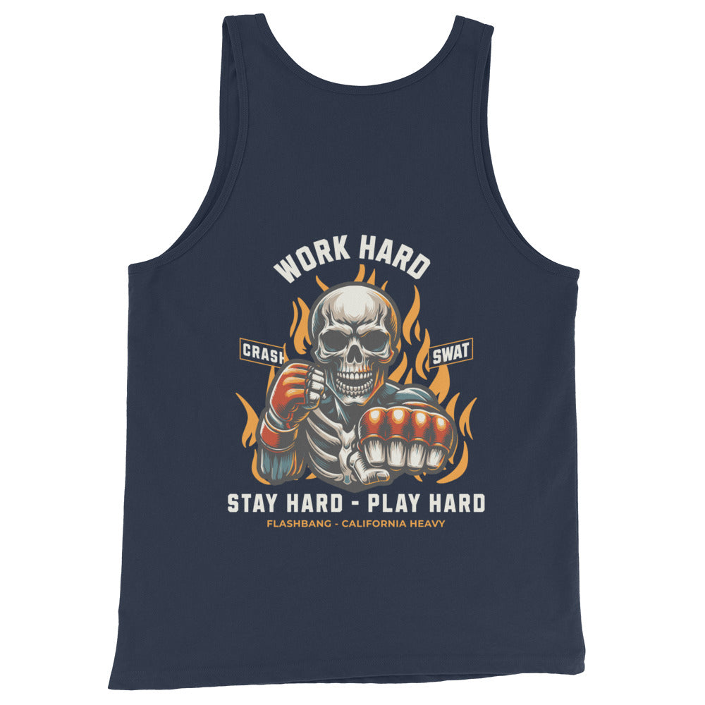 Navy tank top with a graphic design featuring a skeleton and text on a white background