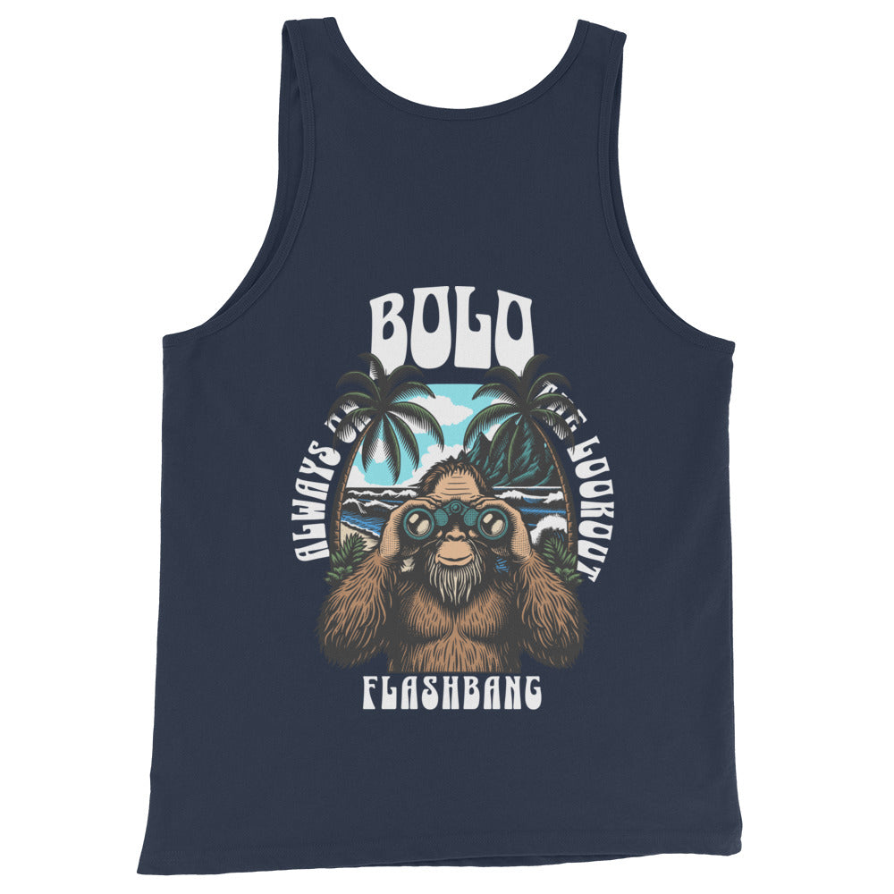 Navy tank top with a graphic of a sloth and text on a white background