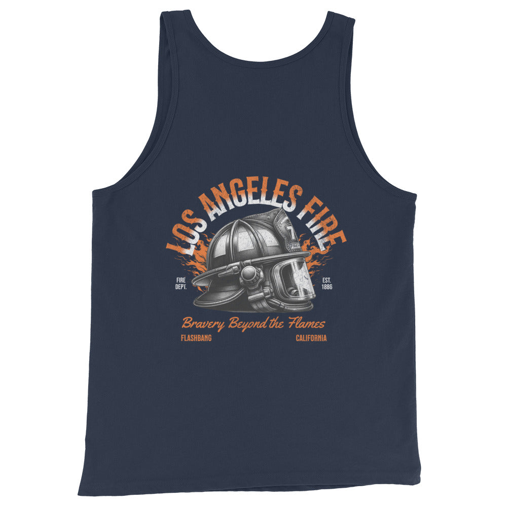 Navy tank top with 'Los Angeles Fire' graphic design on a white background