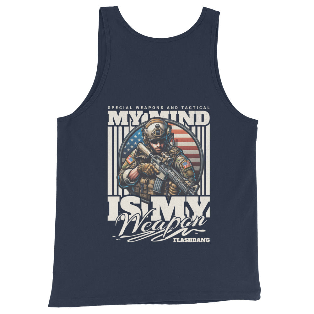 Navy tank top with military-themed graphic and text on a white background