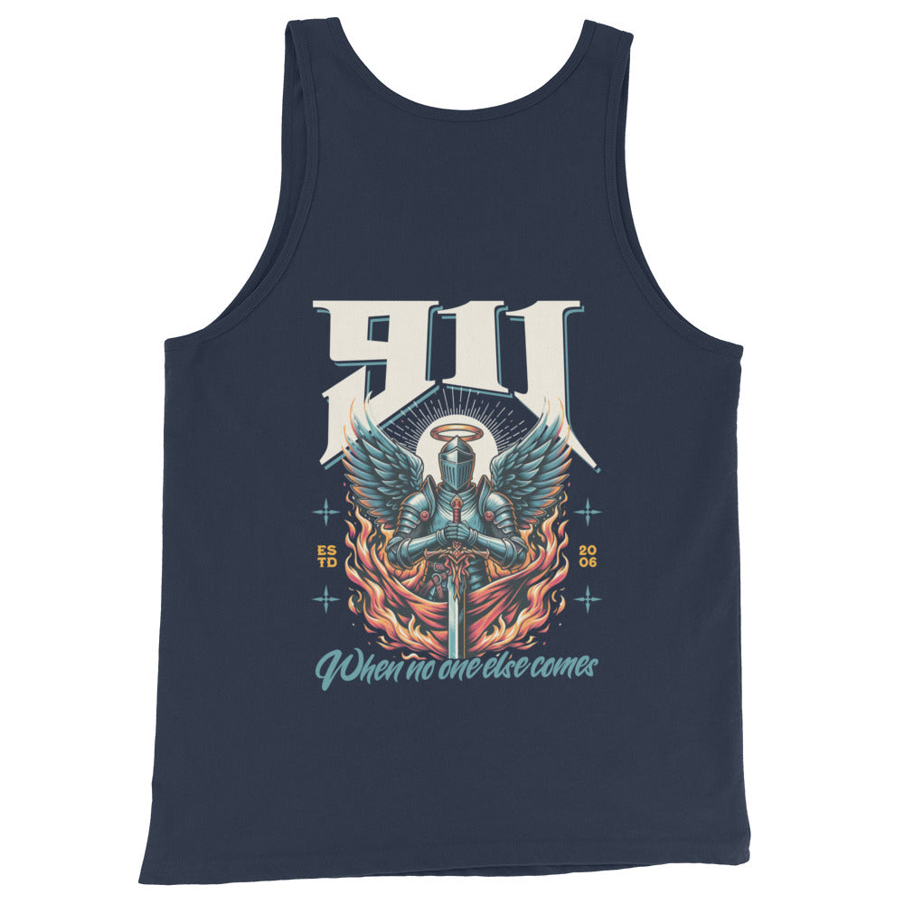 Navy tank top with graphic design and text on a white background