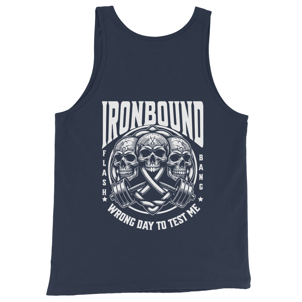 Navy tank top with white graphic design featuring skulls and text on a white background