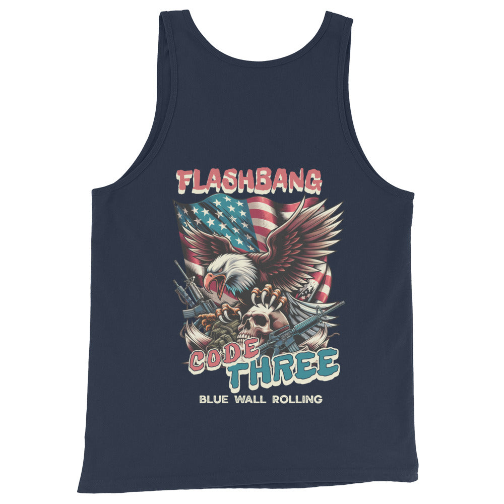 Navy tank top with 'Flashbang Code Three' graphic design featuring an eagle, American flag, and skull.