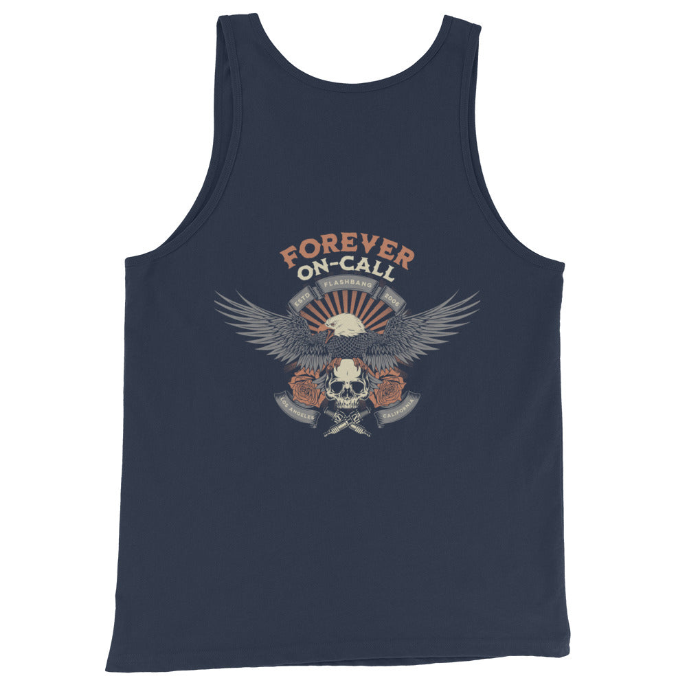Navy tank top with 'Forever On-Call' graphic design on a white background