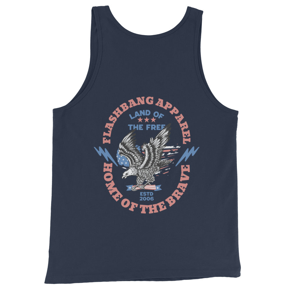 Navy tank top with patriotic design and text on a white background