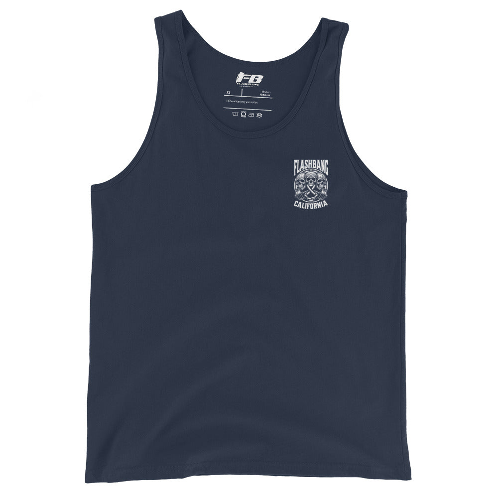 Navy tank top with a logo on the chest against a white background