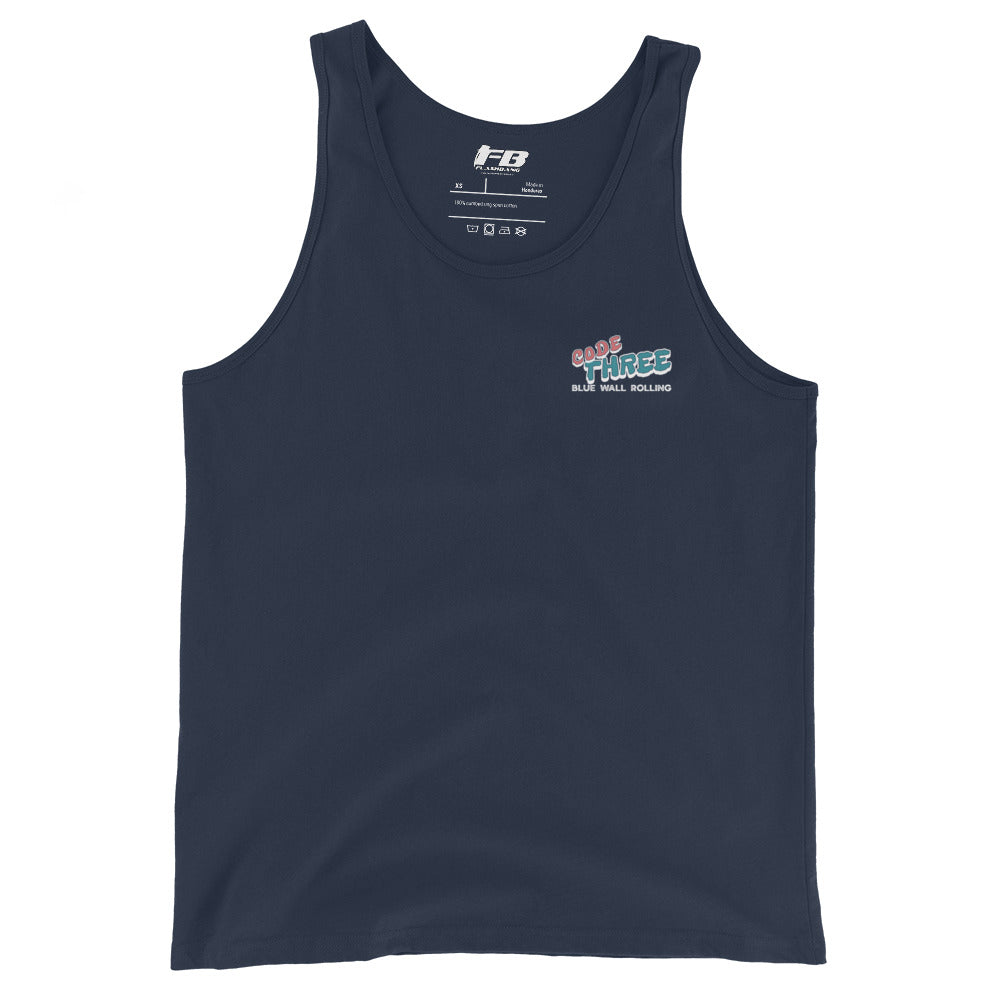 Navy tank top with logo and text on a white background