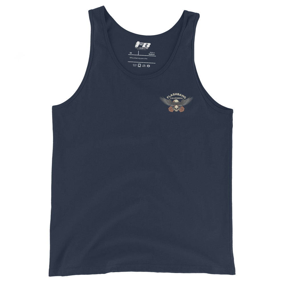 Navy tank top with a logo on the chest against a white background