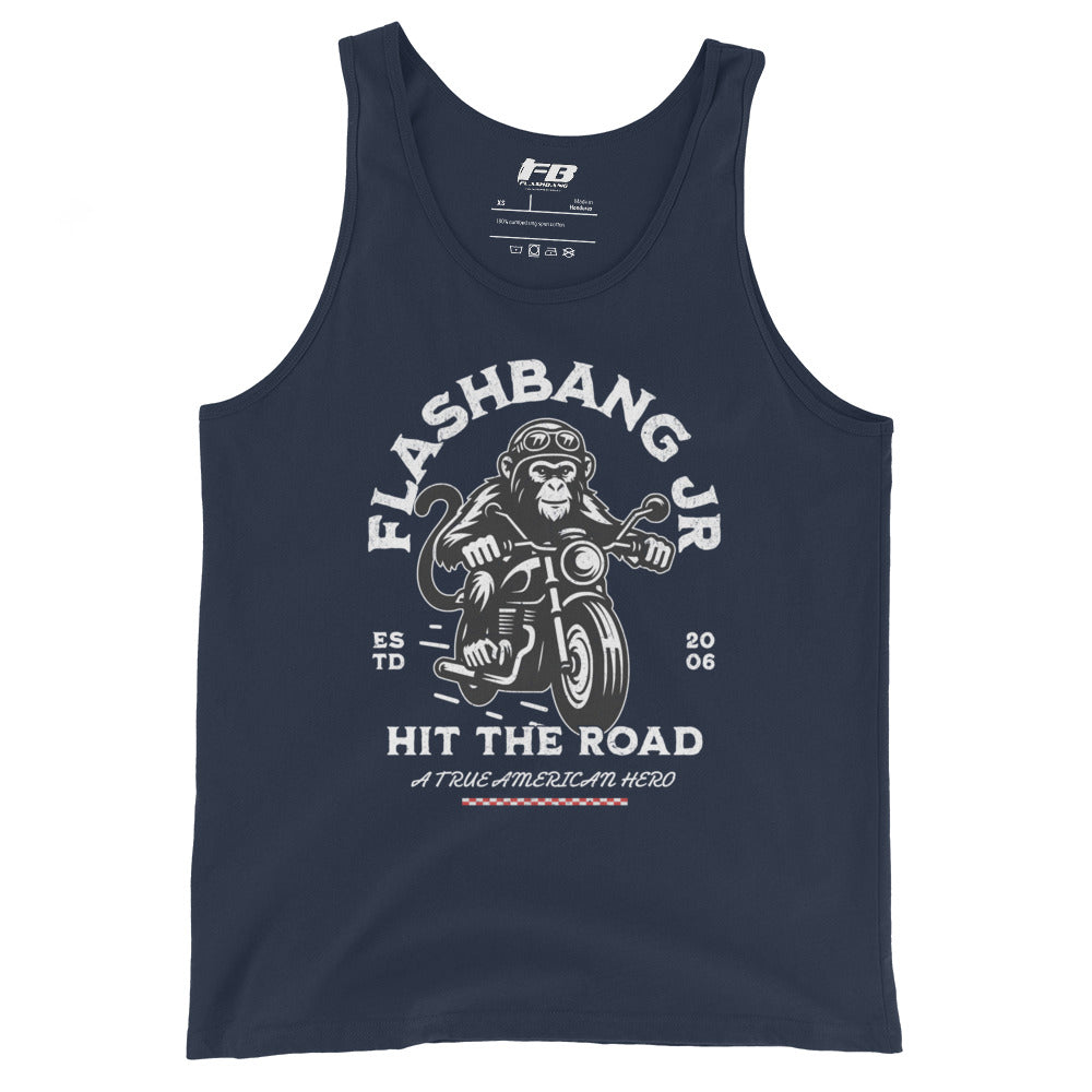 Navy tank top with monkey on a motorcycle graphic and 'Flashbang Jr' text.