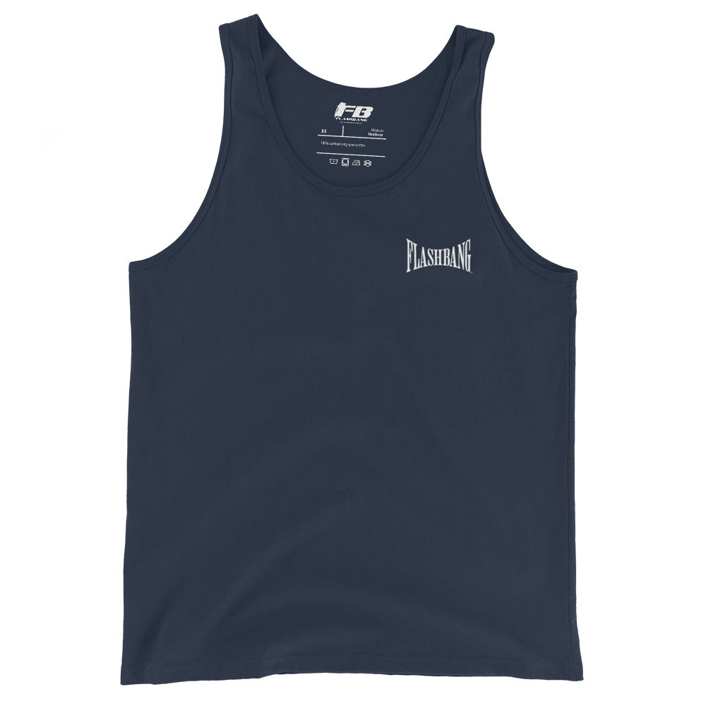 Navy tank top with 'Flashbang' logo on a white background