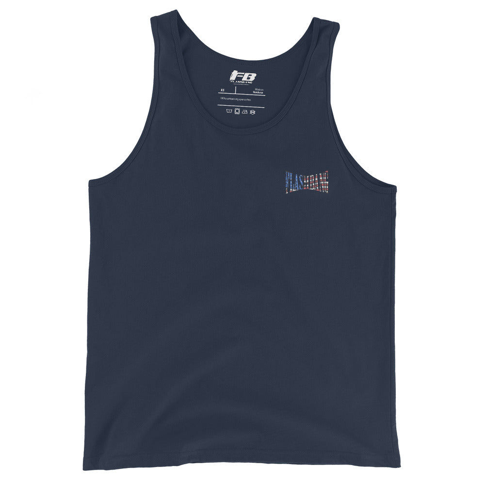 Navy tank top with a small logo on a white background