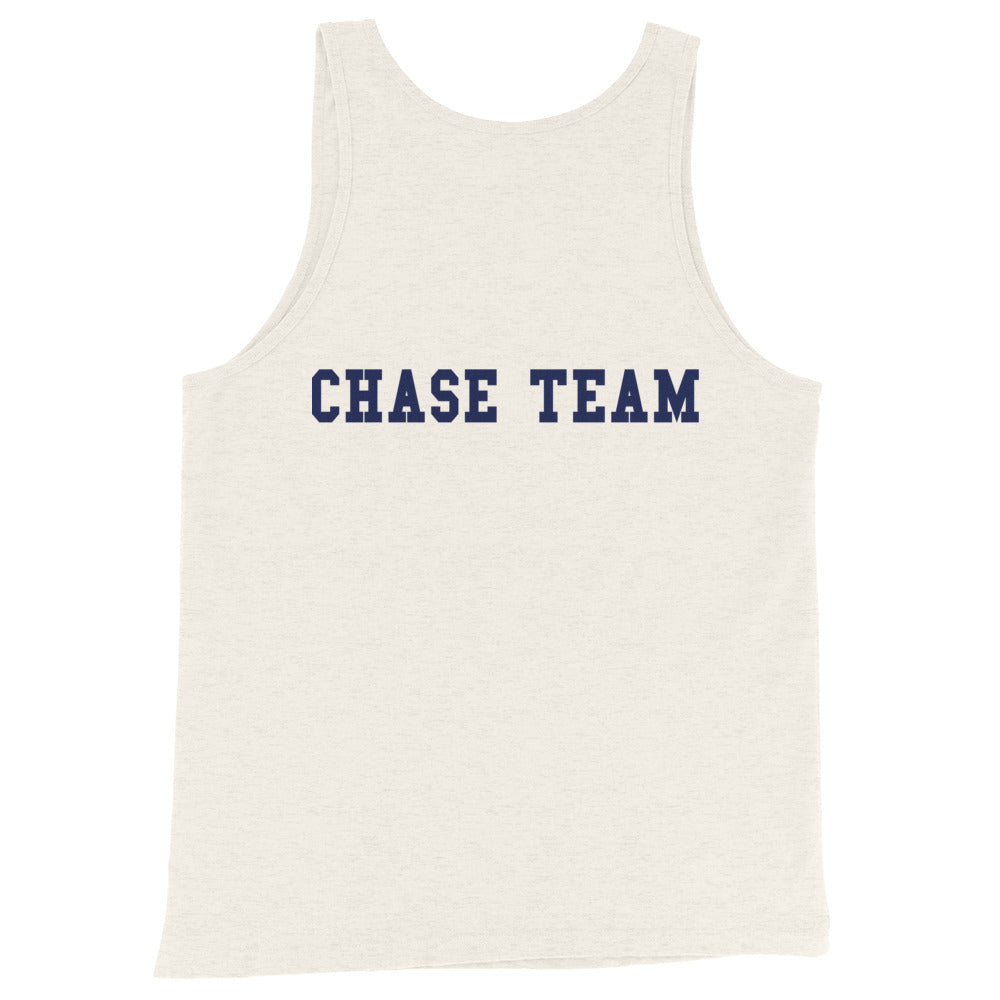 White tank top with 'CHASE TEAM' text in blue on a white background