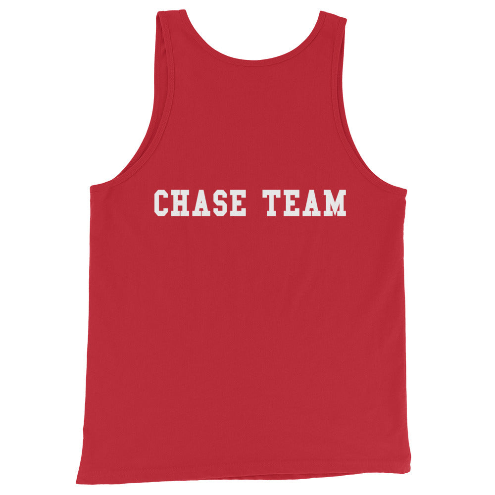 Red tank top with 'CHASE TEAM' text on a white background