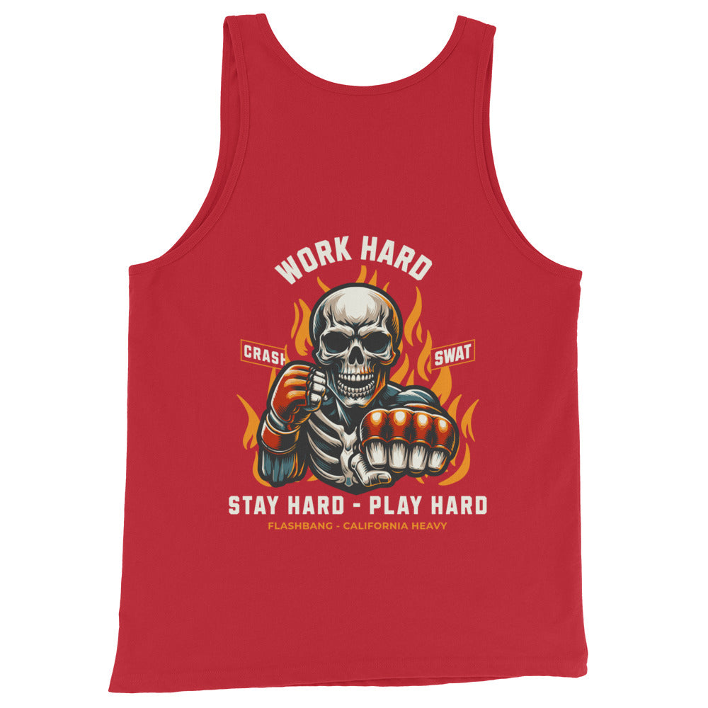 Red tank top with a graphic of a skeleton holding a fist and text on a white background