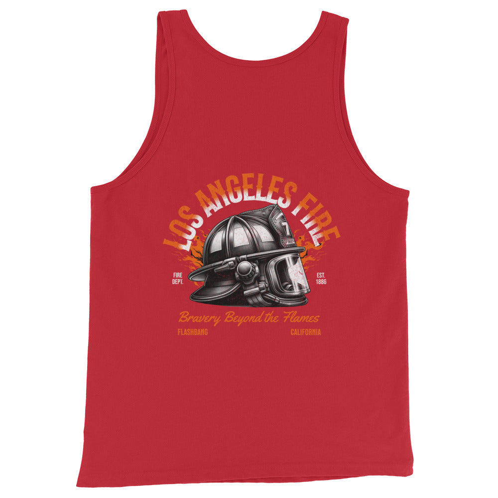 Red tank top with a fire helmet graphic and 'Los Angeles Fire' text on a white background