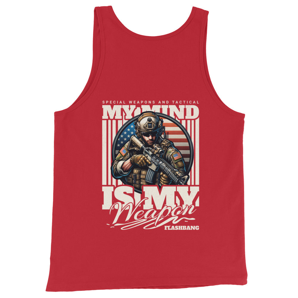 Red tank top with graphic design of a soldier and text on a white background