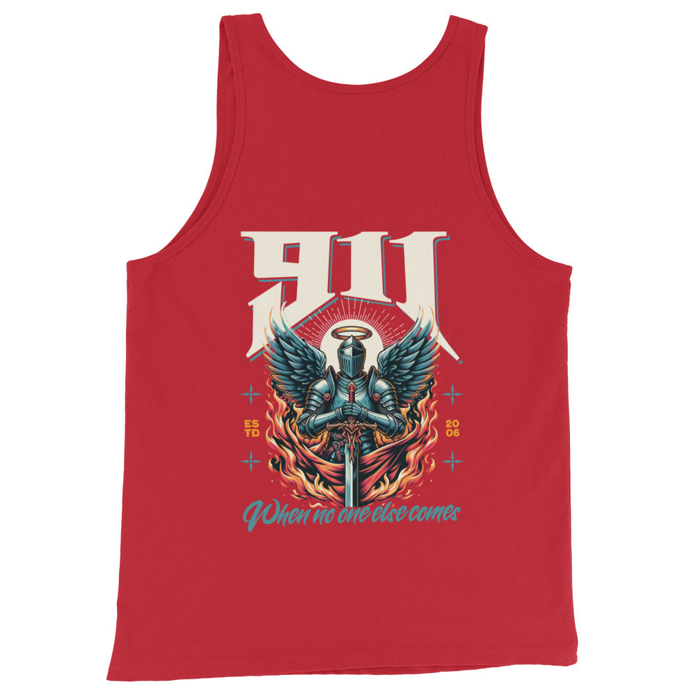 Red tank top with graphic design featuring a knight and text on a white background