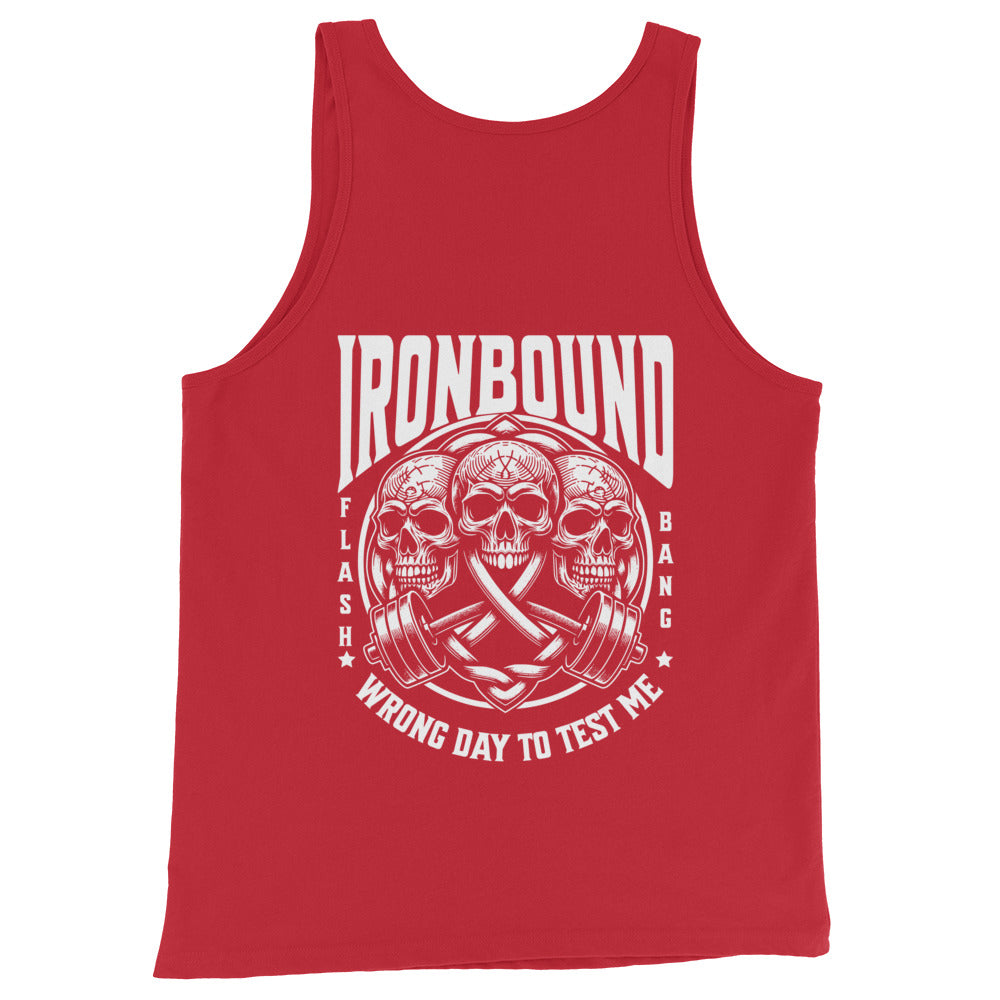 Red tank top with white graphic design and text on a white background