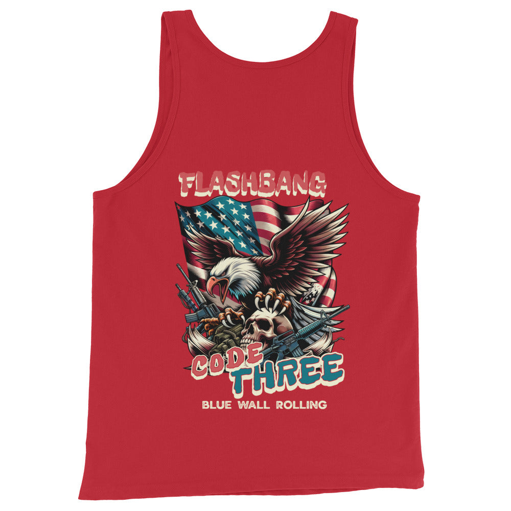 Red tank top with graphic design featuring an American flag, eagle, and text on a white background