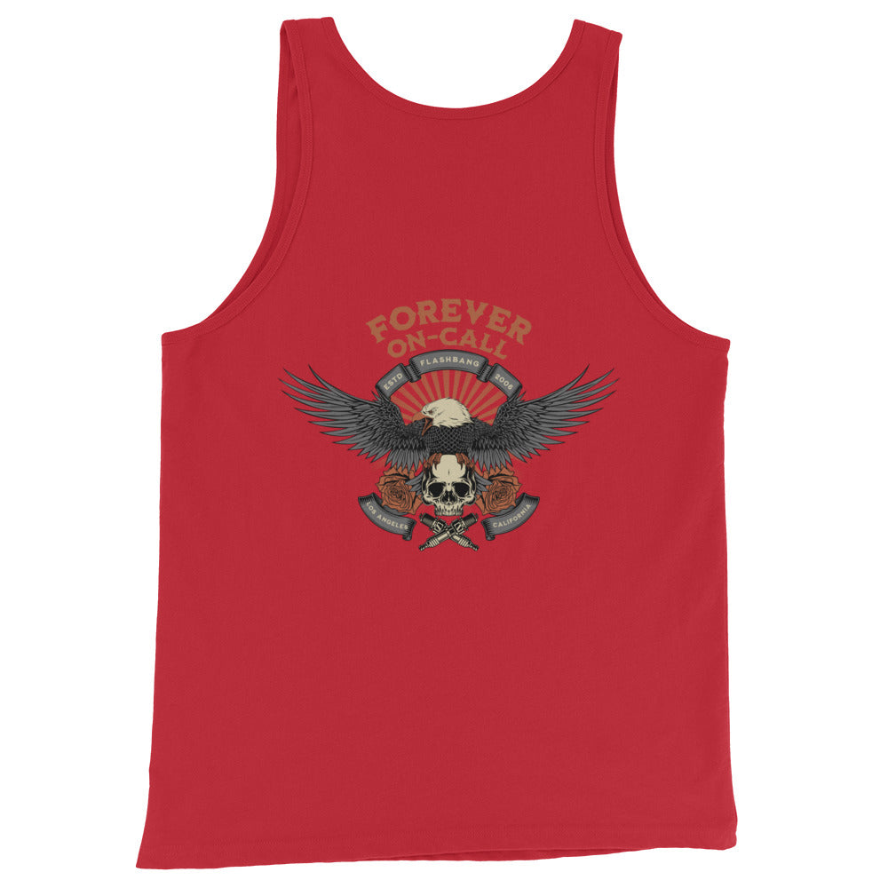 Red tank top with an eagle and skull design on a white background