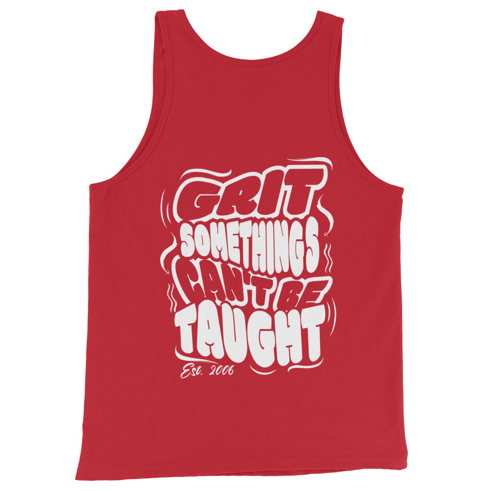 Red tank top with white text on a white background