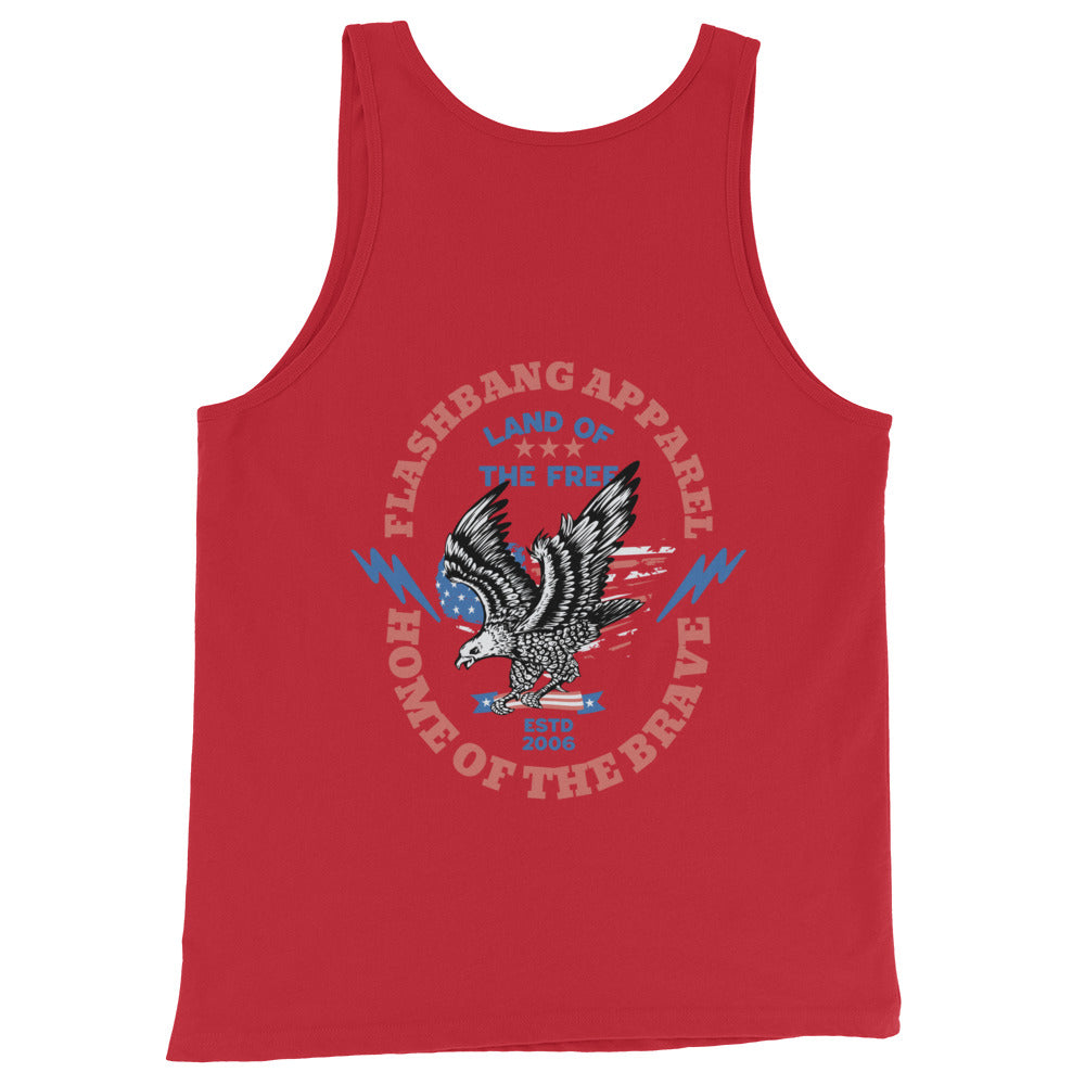 Red tank top with an eagle graphic and text on a white background