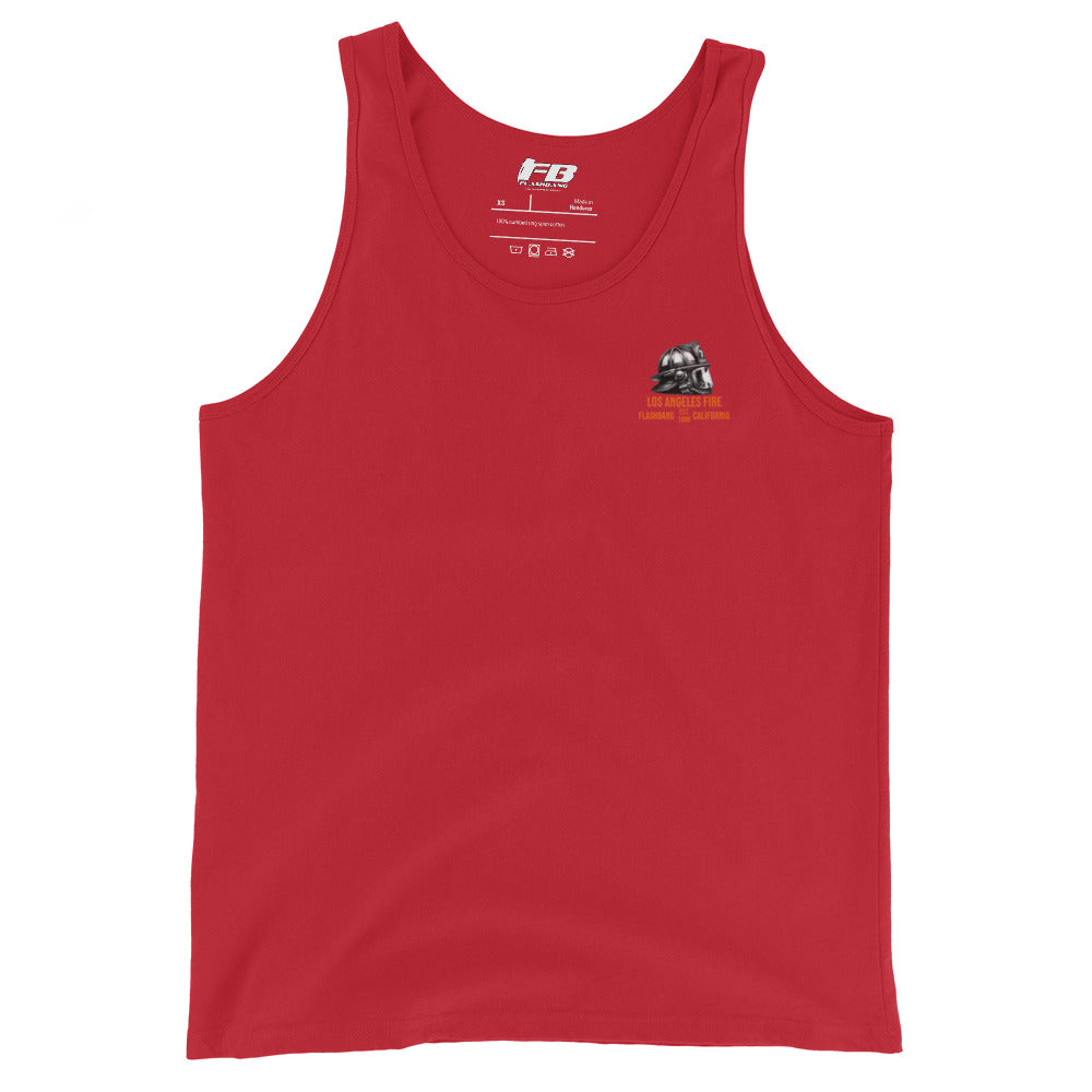 Red tank top with a logo on the chest against a white background