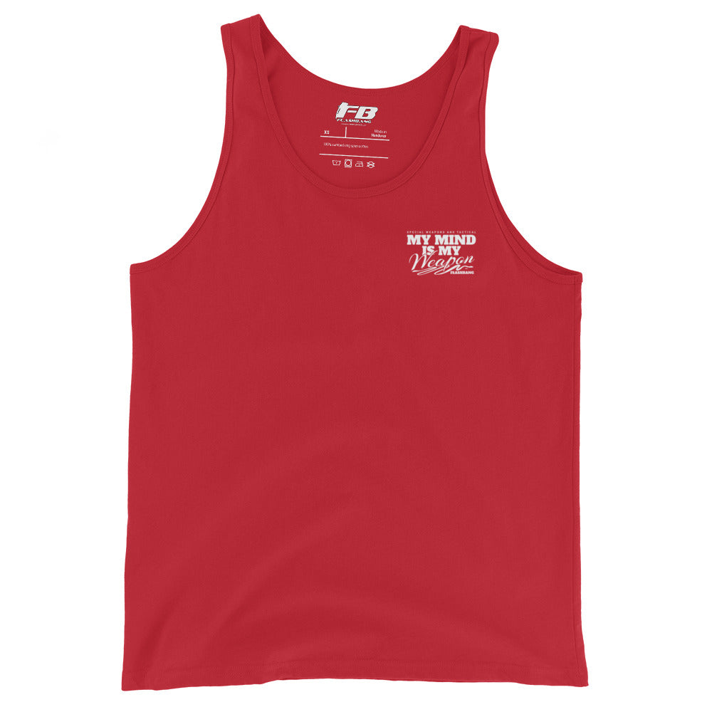 Red tank top with white text on a white background