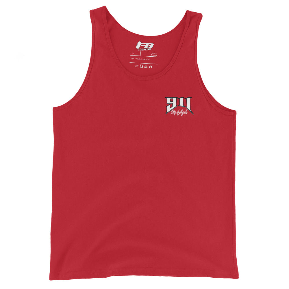 Red tank top with a logo on the chest against a white background