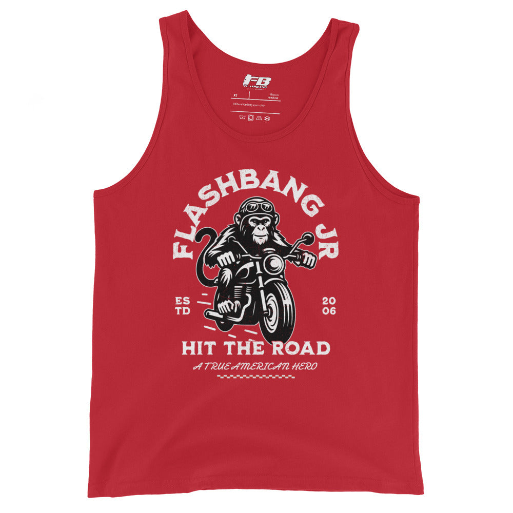 Red tank top with monkey on a motorcycle graphic and text on a white background