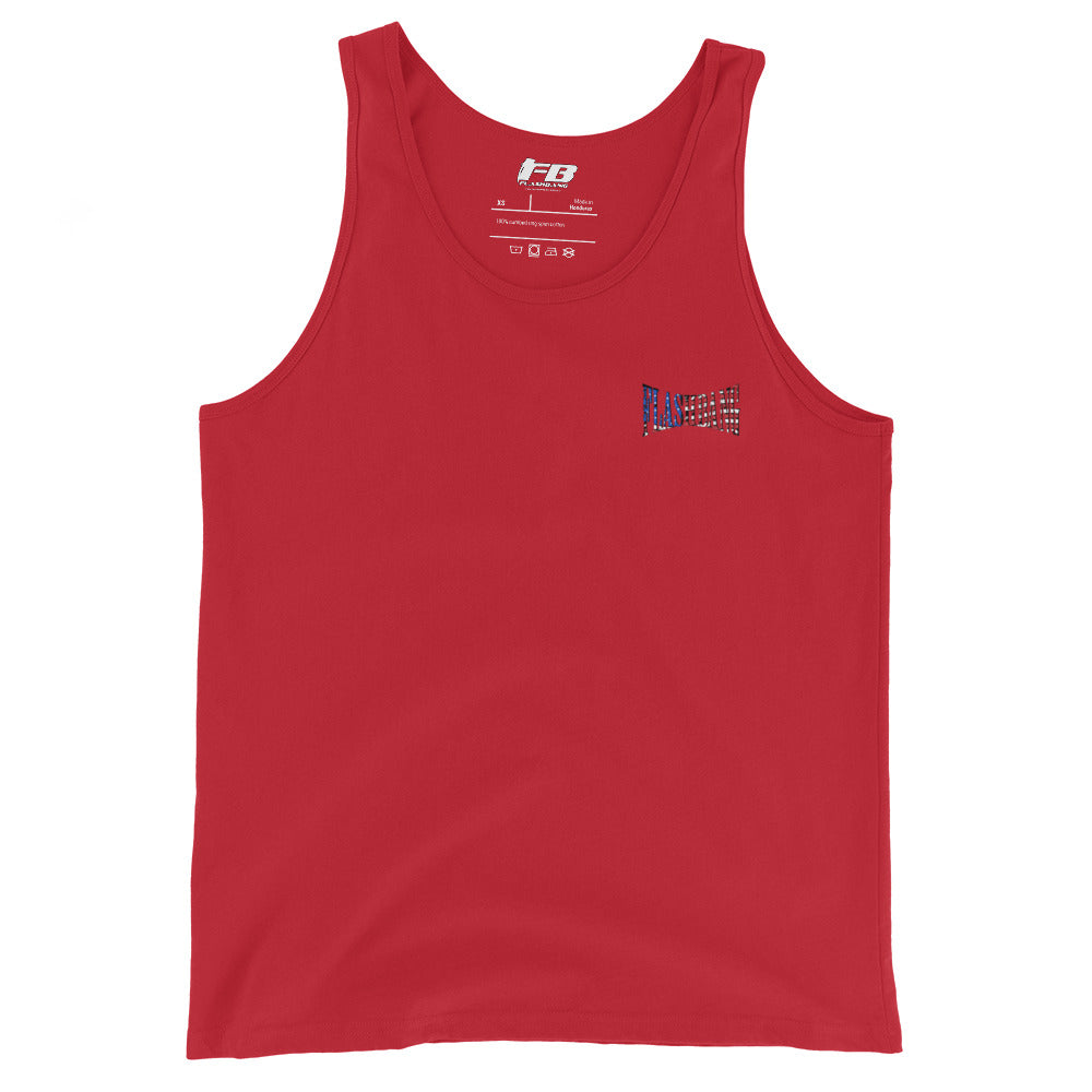 Red tank top with a small logo on a white background