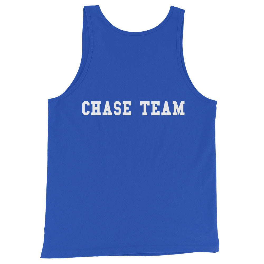 Blue tank top with 'CHASE TEAM' text on a white background