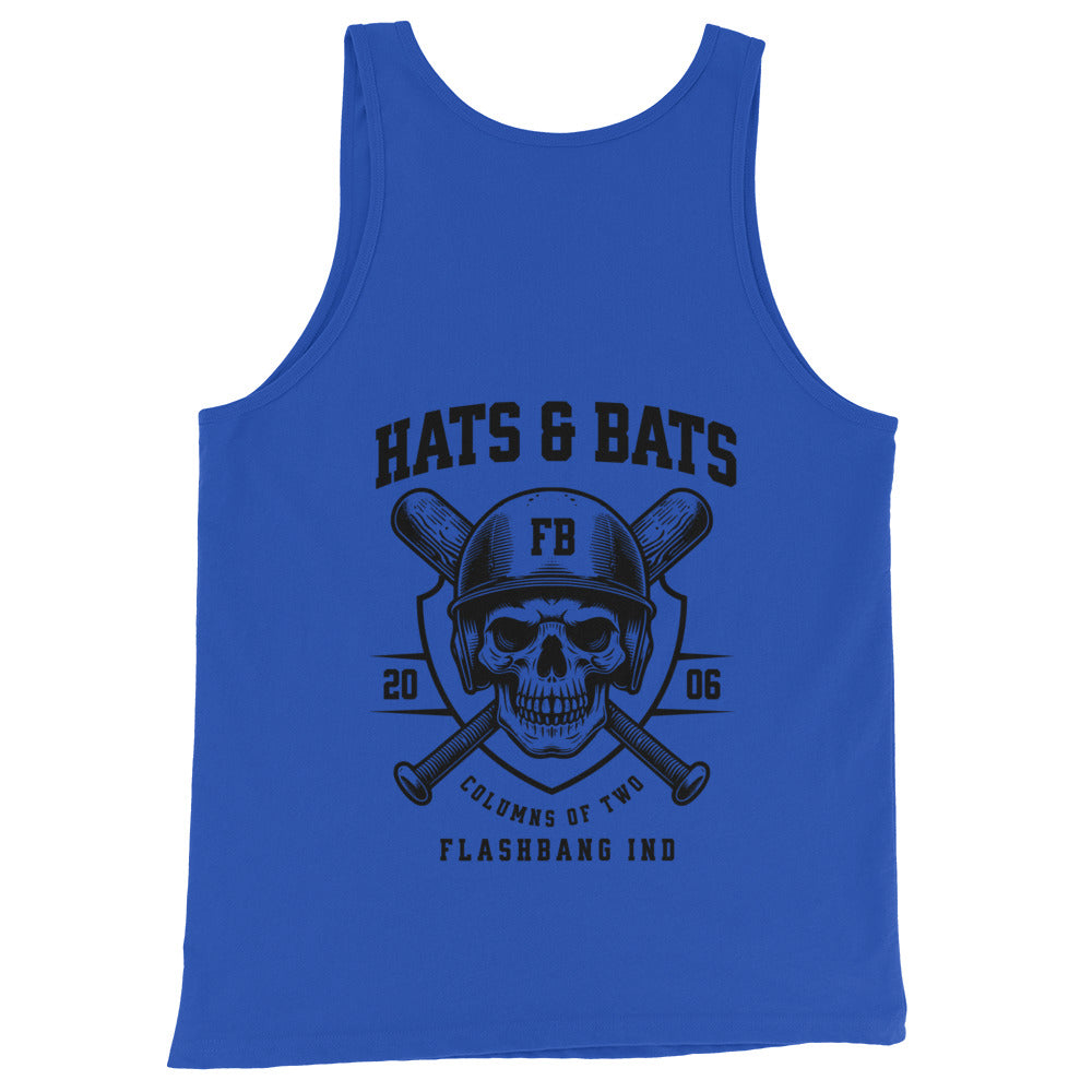 Blue tank top with black graphic design featuring a skull, helmet, and text on a white background