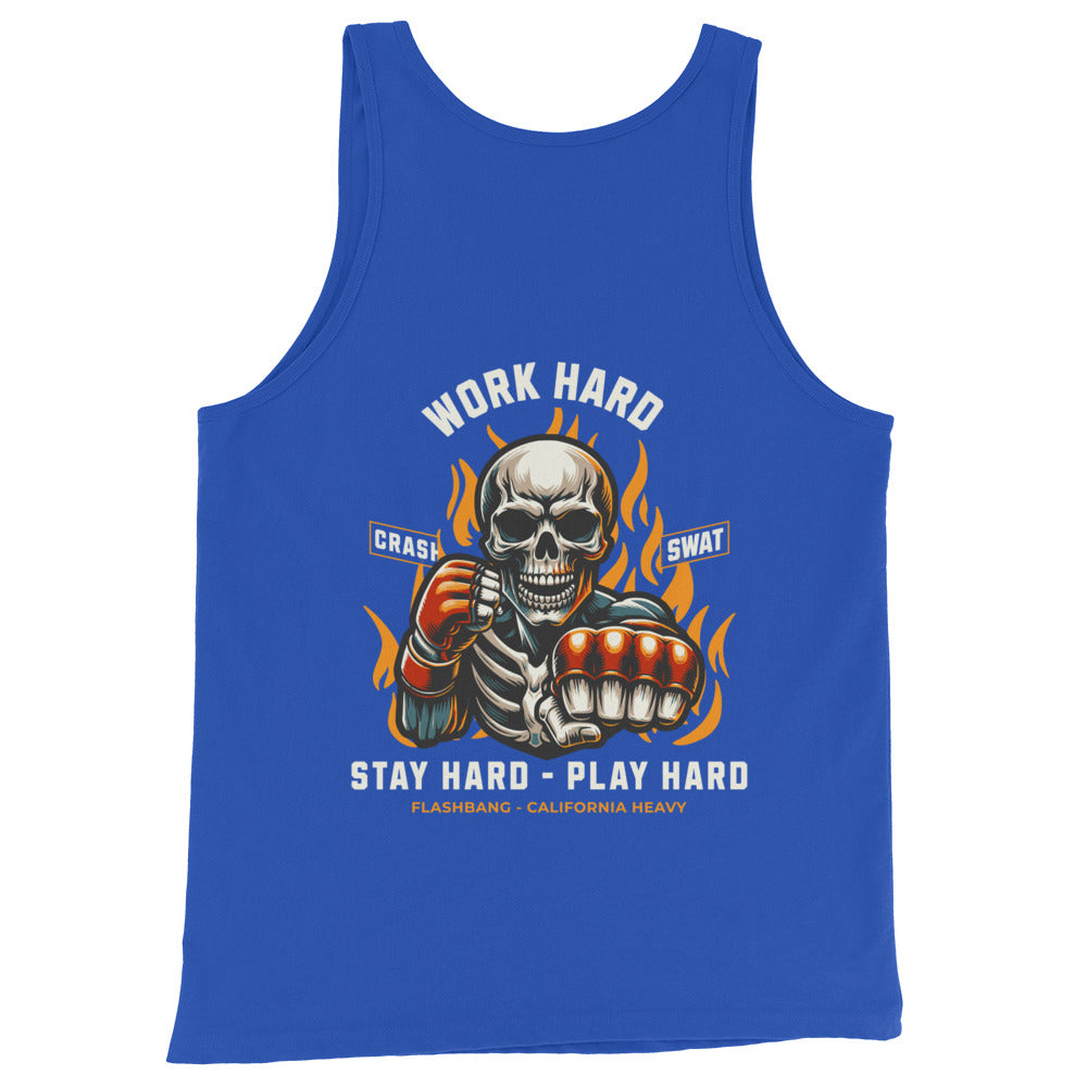 Blue tank top with a skeleton design and motivational text on a white background