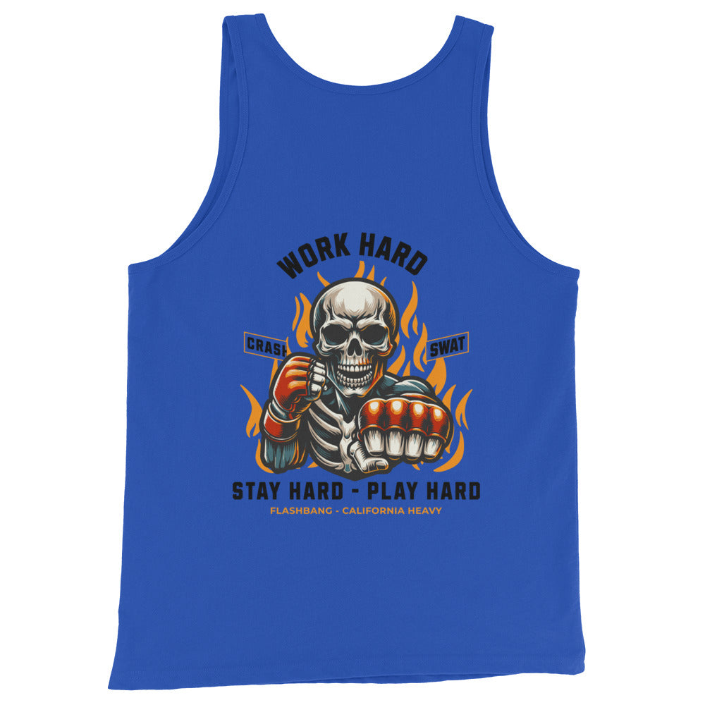 Blue tank top with a skeleton design and text on a white background