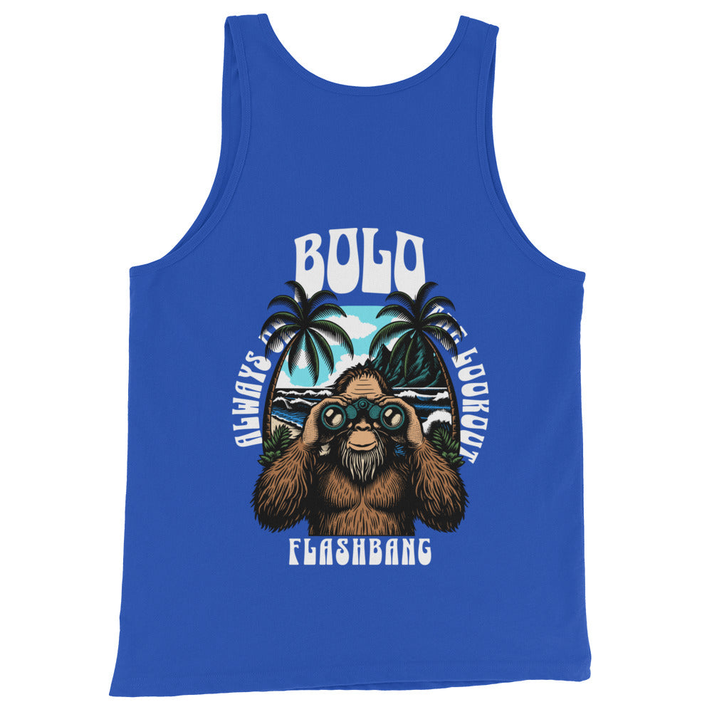 Blue tank top with a graphic of a sloth and palm trees on a white background