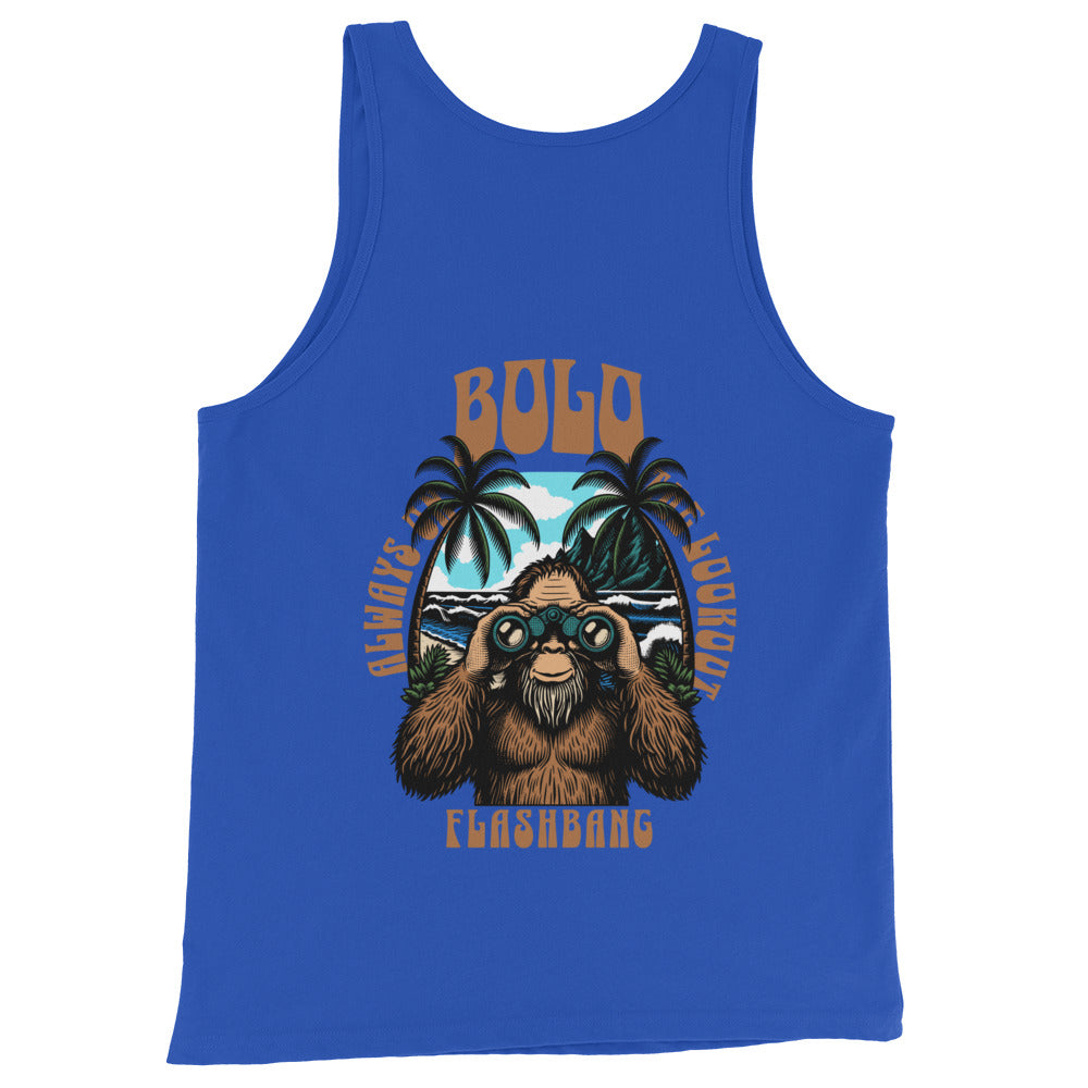 Blue tank top with a graphic of a bear wearing binoculars and palm trees, on a white background.